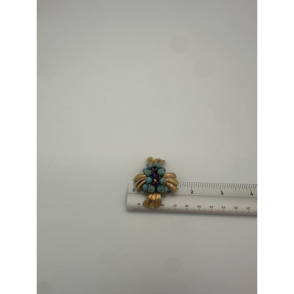 Brooch‎ 1940s Gold Color and Turquoise Matrix 3D Effect - Picture 6 of 6